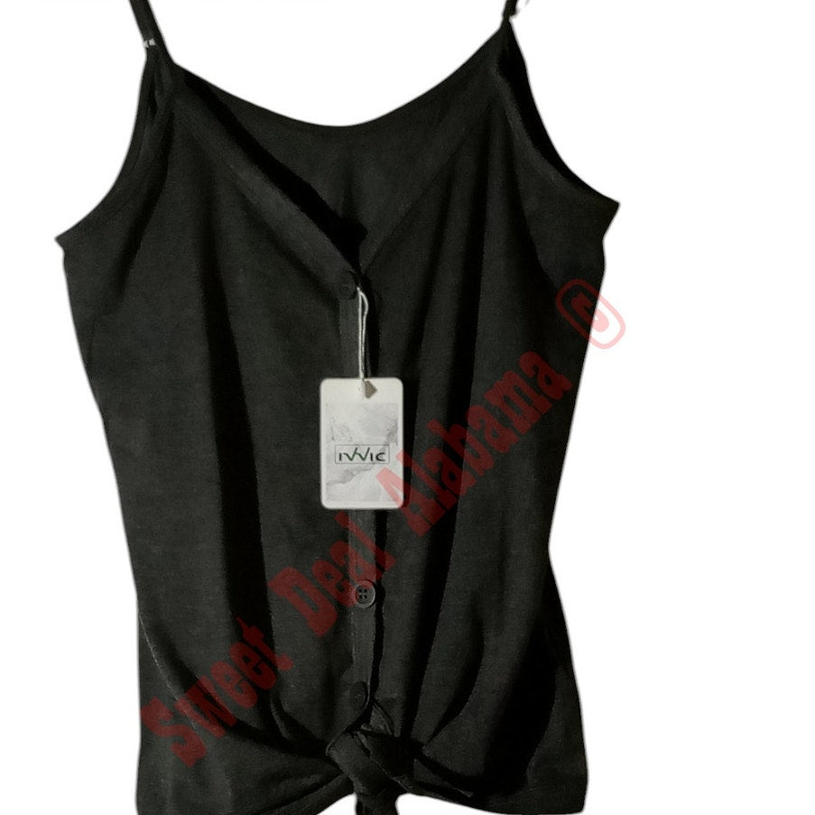Button Down Casual Summer Top, Sleeveless Shirt, Tie Front Strappy Blouse, S