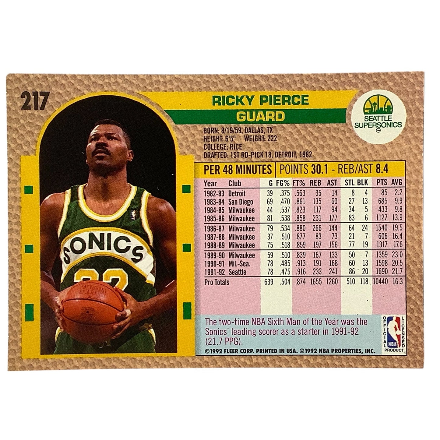 Ricky Pierce (G), Card #217, Seattle Supersonics, 1992-93 Fleer NBA
