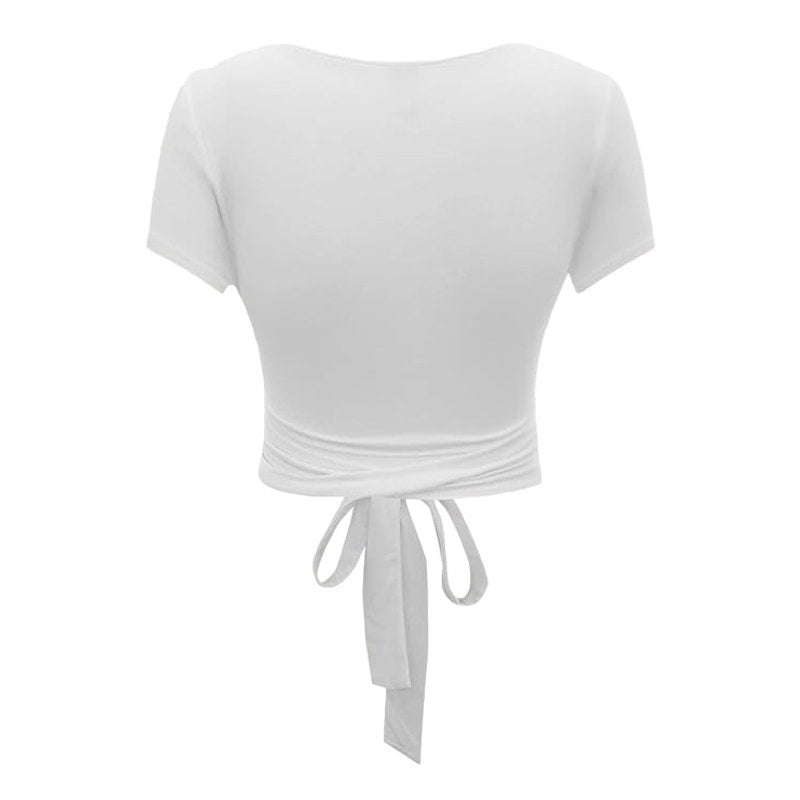 Verdusa Casual Short Sleeve V Neck Criss Cross Twist Tie Front Crop Tee Top, LRG