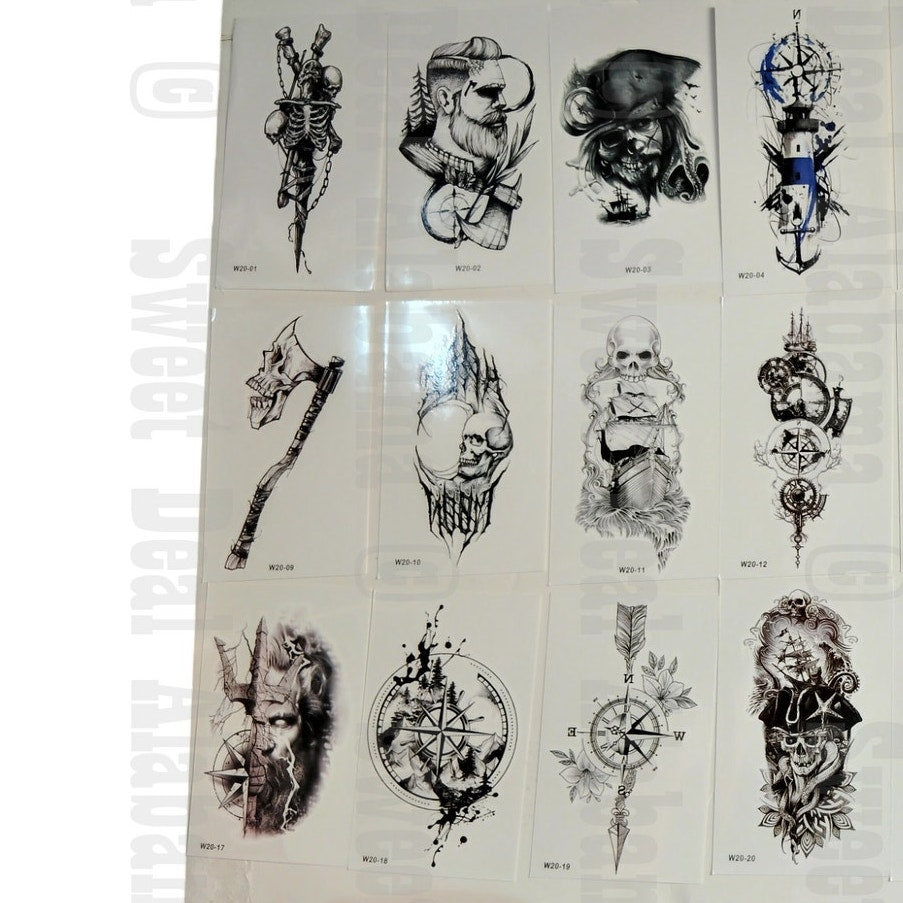 24 Sheets Pirate Skull Temporary Tattoos - Waterproof, Fake Body Art Stickers