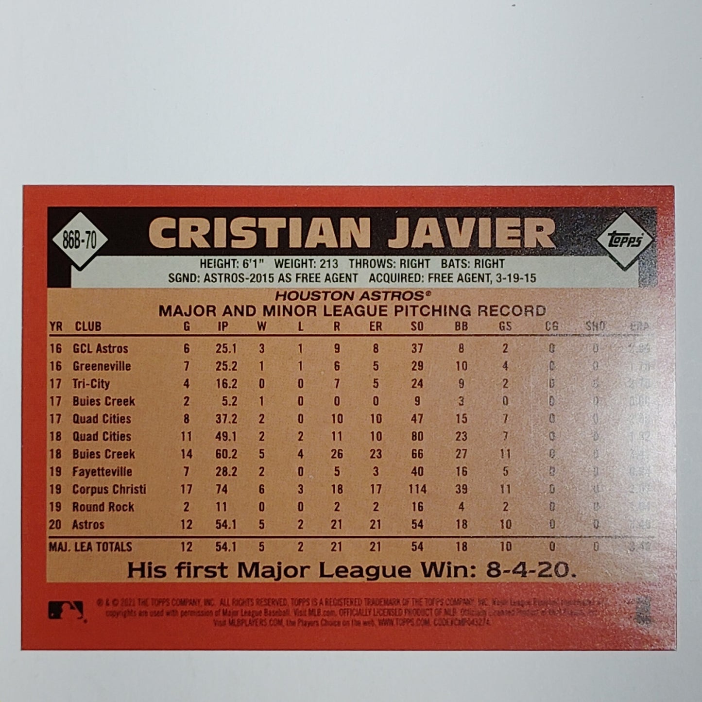 2021 Topps #86B-70 Cristian Javier Rookie Card Houston Astros Pitcher - VG/EX