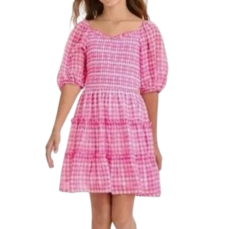 Art Class Girls' Smocked Bodice Tiered Dress, Pink & White Houndstooth XXL 16/18
