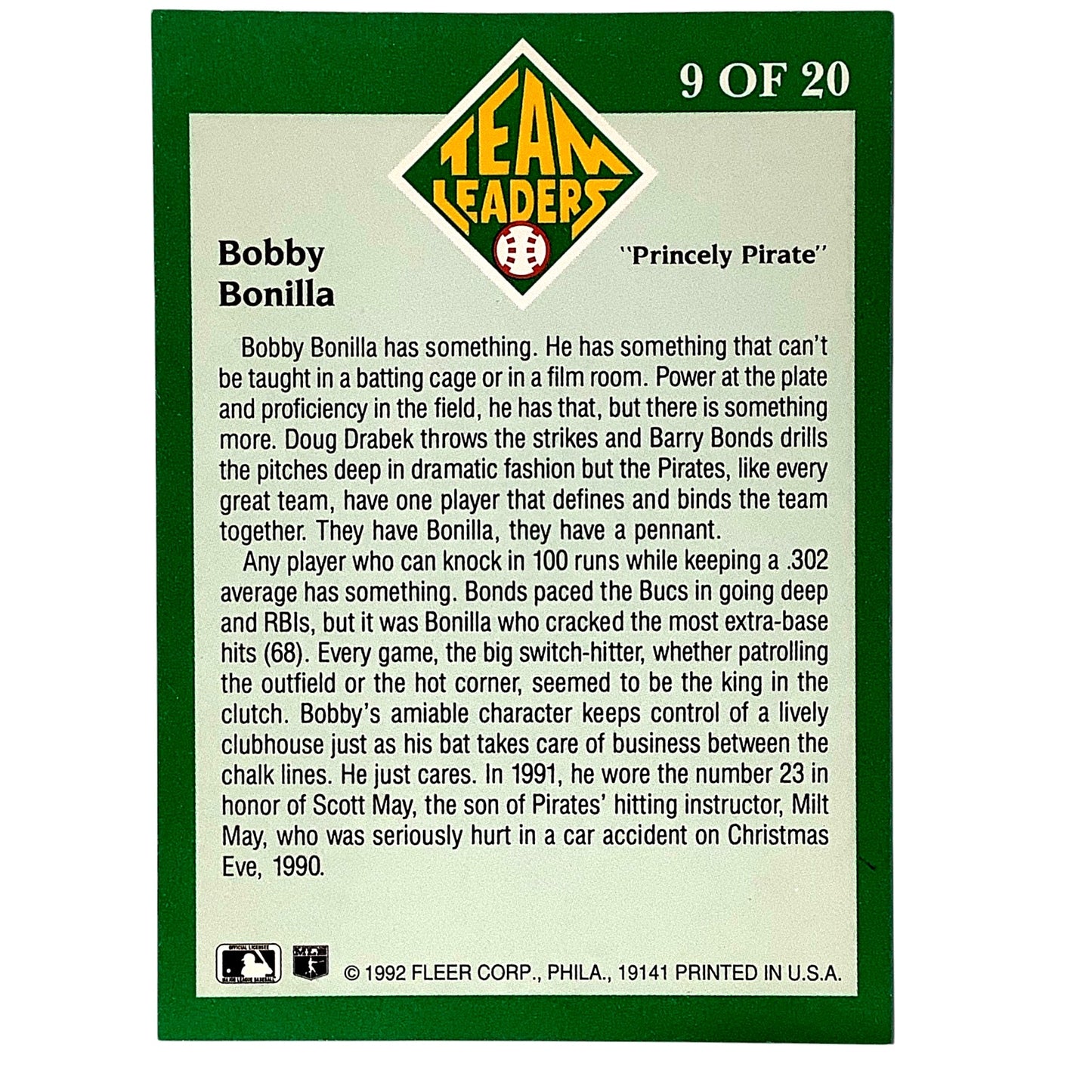 1992 Fleer Team Leaders Card #9 of 20, Bobby Bonilla, Pittsburgh Pirates, NM+