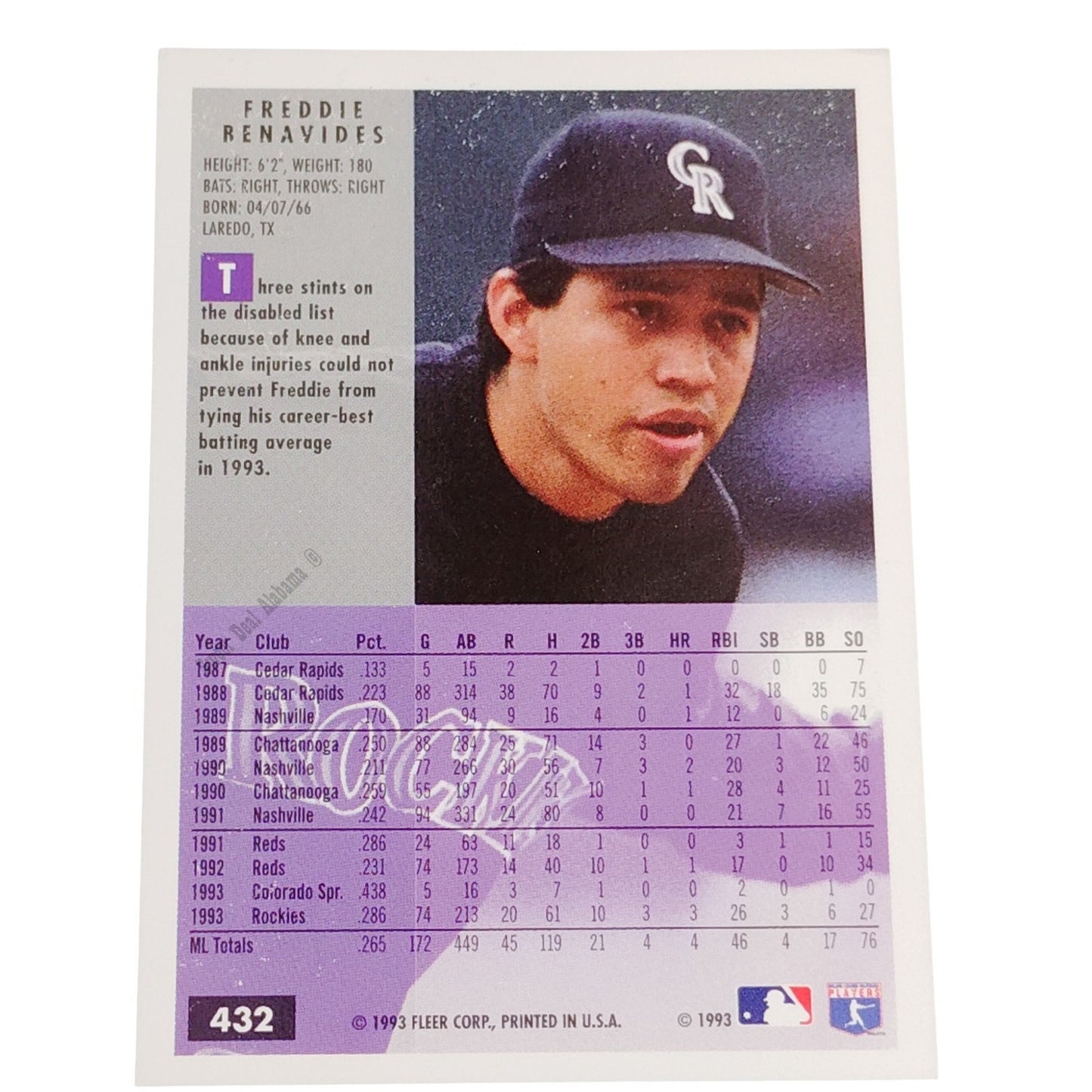 Freddie Renavides, Colorado Rockies, #432, 1994 Fleer Baseball Collector's Card