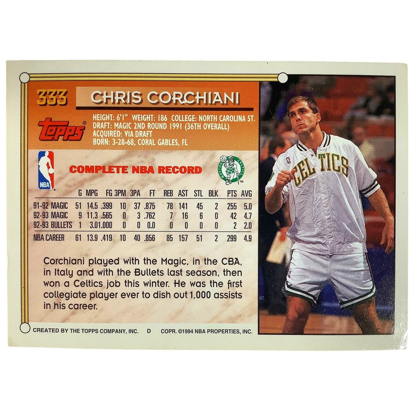 Chris Corchiani, Boston Celtics, 1993 Topps Collector's Card 333, EXC
