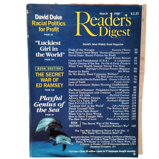 Reader's Digest March 1992 Vintage Magazine 71st Year - Pride of Navajos