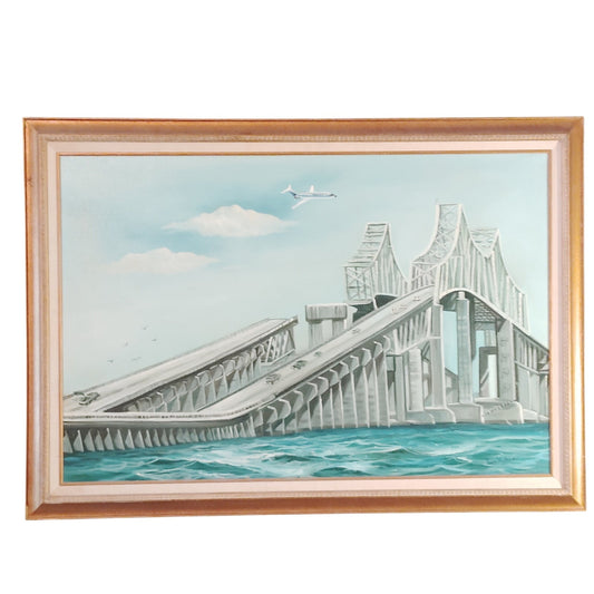 Fran Hyland Original Oil Painting Sunshine Skyway Bridge Disaster W/ Delta Plane
