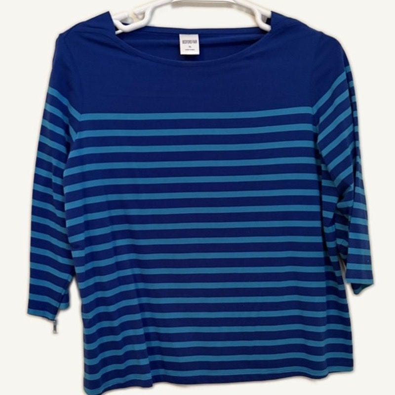 Bedford Fair XL Navy Teal Striped Top & Solid Teal Button Coat 2-Piece Set