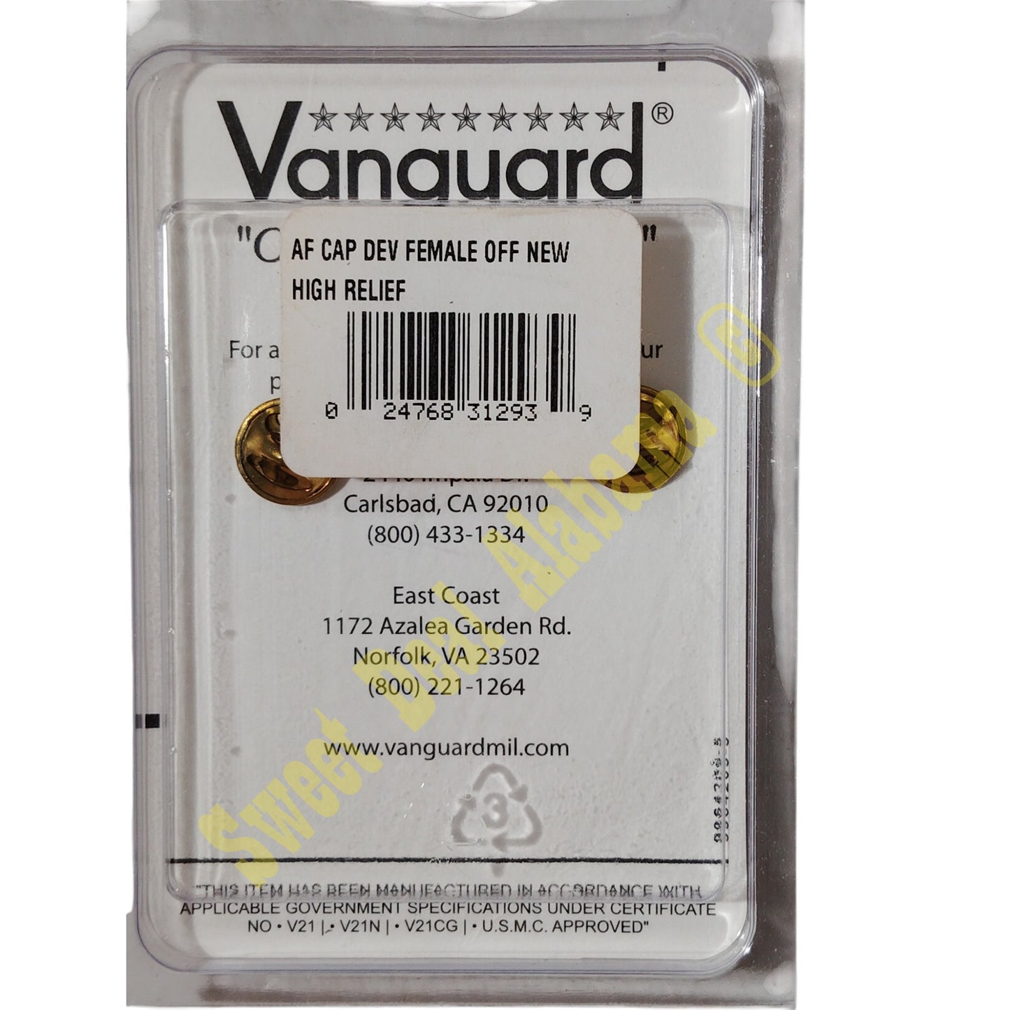 Vanguard USAF Cap Device Pin: High Relief: Officer - Female, 2-1/2"H x 2-1/4"W