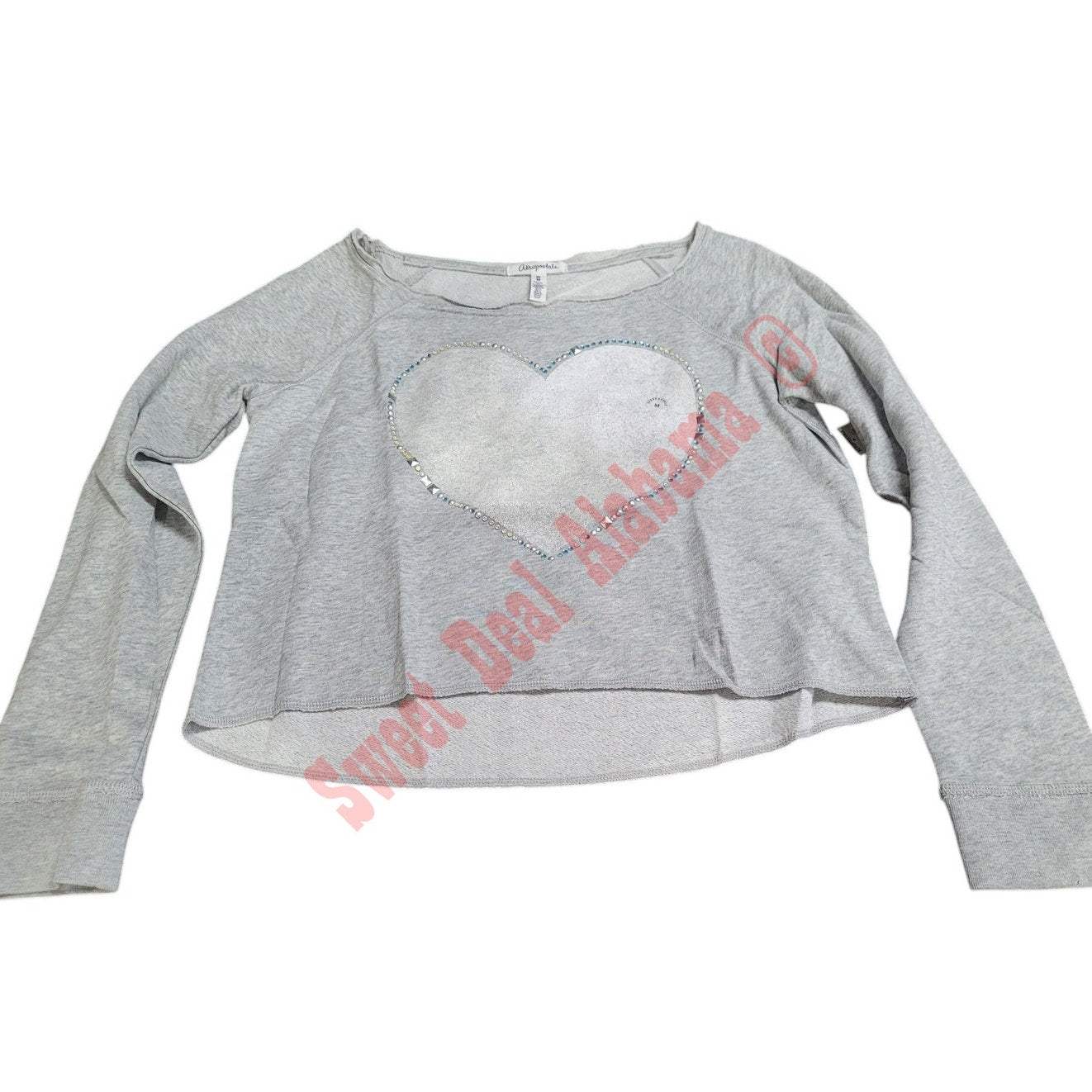 Aeropostale Women's L/S Crop, "Heart" Graphic Gray, Med. 36-38" Bust 20" Length