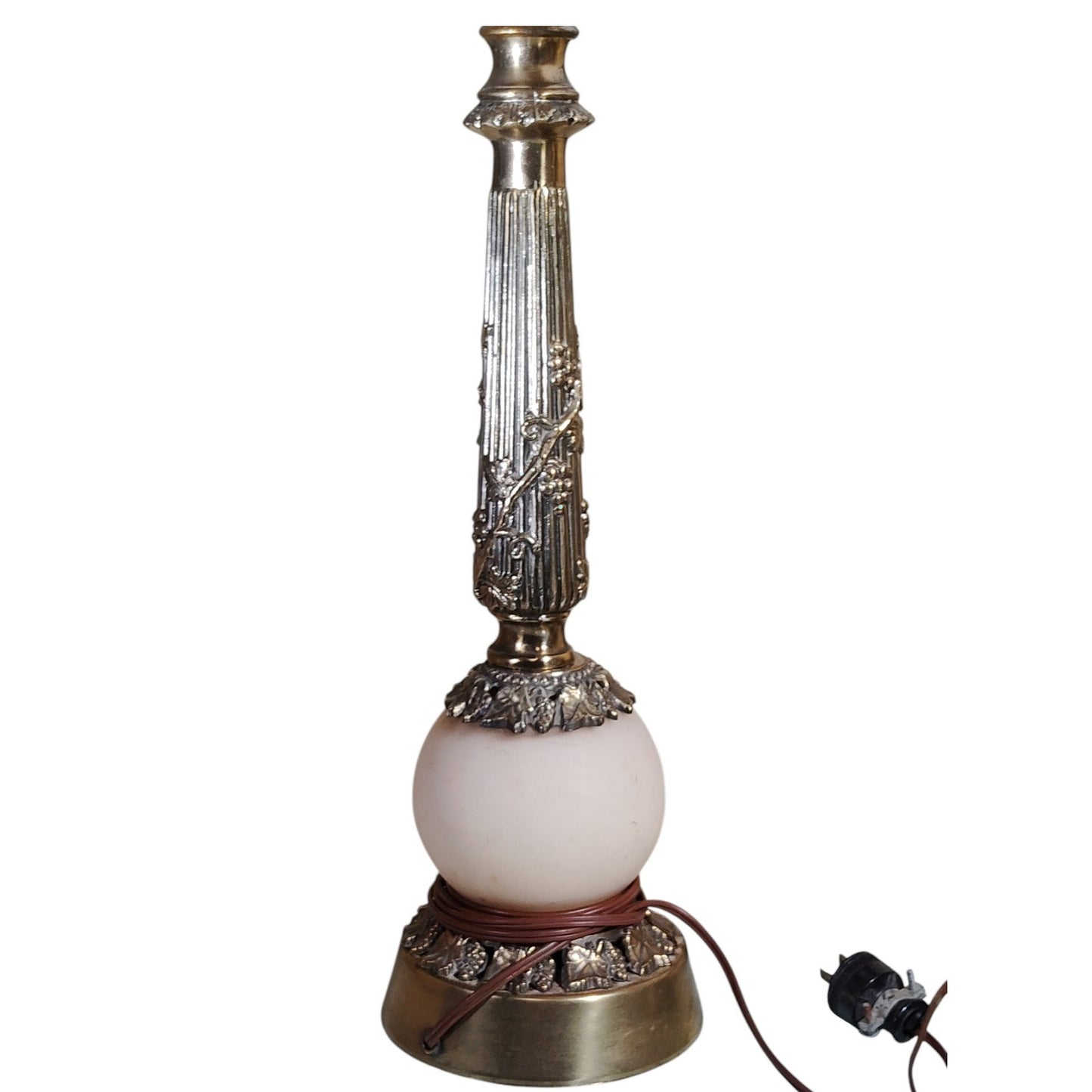Pair of Vintage Floral Table Lamps – Brass Base, Pink Rose Globe, Ornate Design