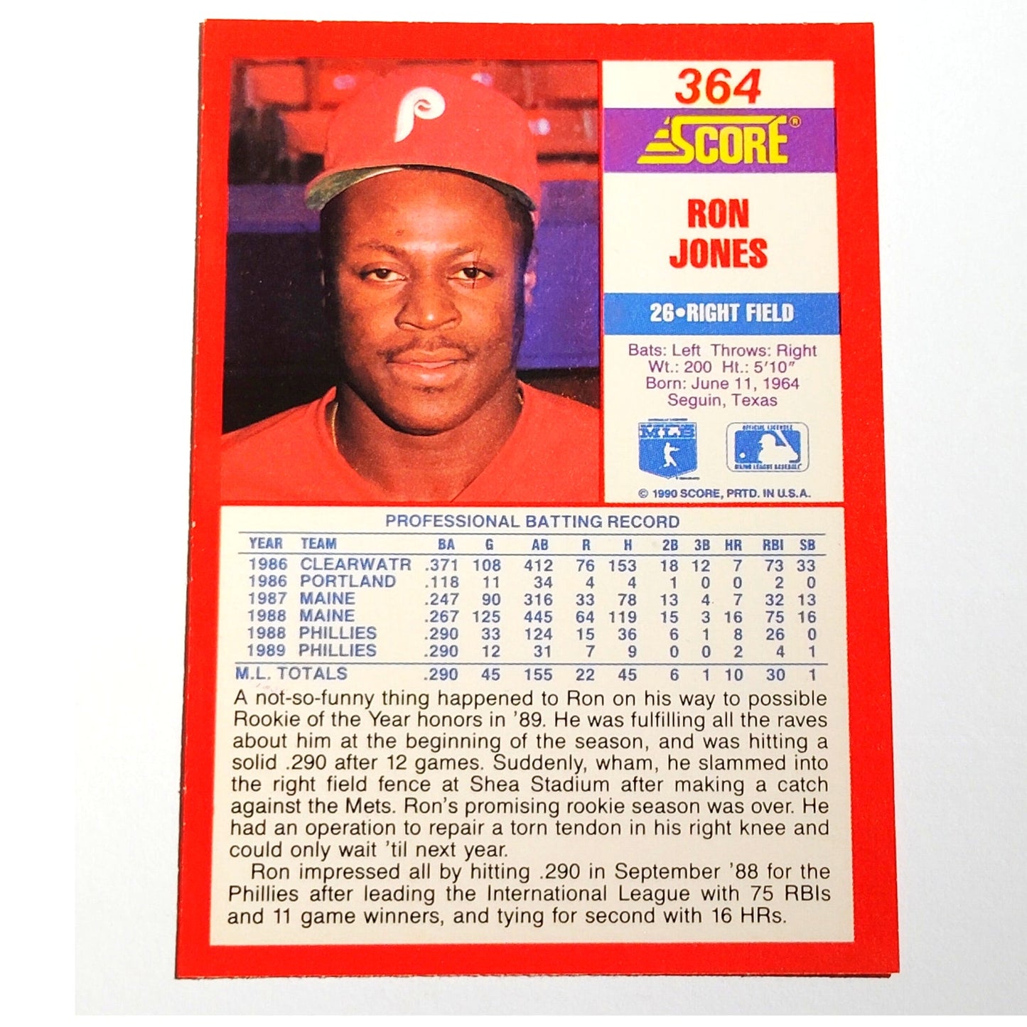 1990 Score Ron Jones #364 Philadelphia Phillies Outfielder MLB Baseball EX