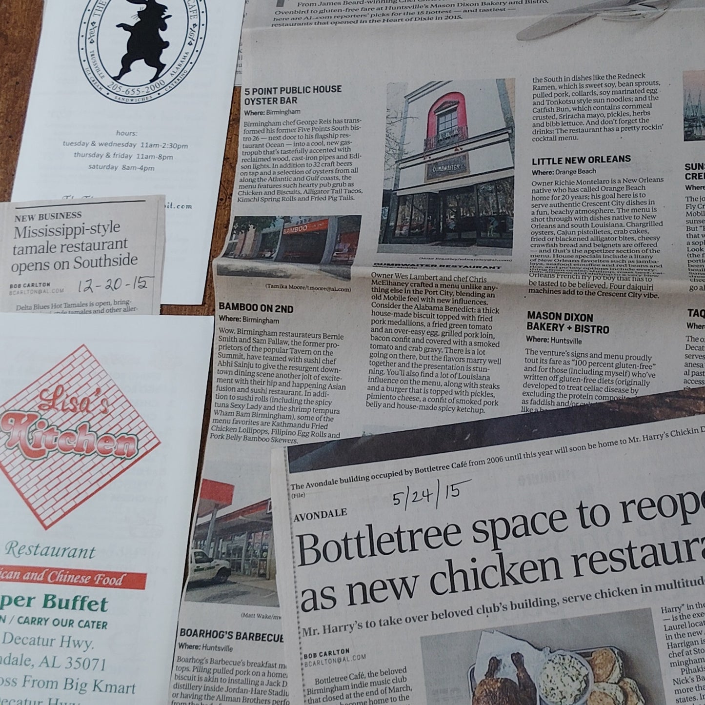 2015 Alabama Restaurant Newspaper Clippings Ephemera Collection - Local Dining