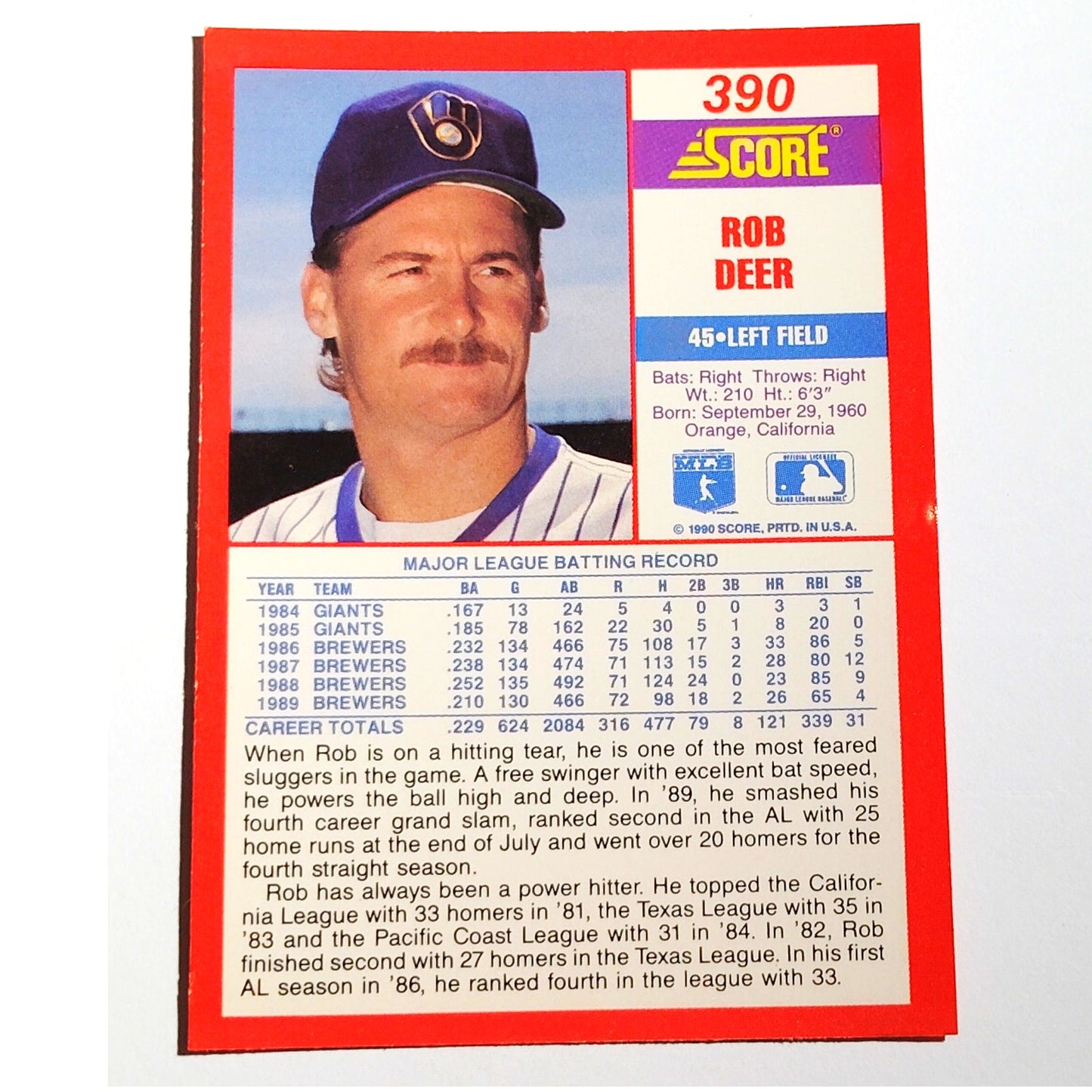 1990 Score Rob Deer #390 Milwaukee Brewers Left Fielder MLB Baseball EX