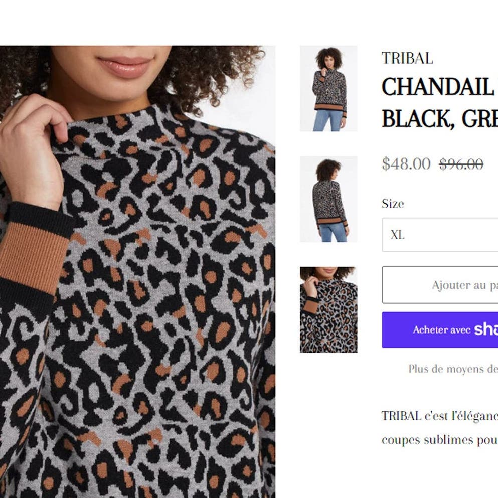 TRIBAL CHANDAIL TRICOT "ANIMAL PRINT" BLACK, GREY & CAMEL, FUNNEL NECK SWEATER