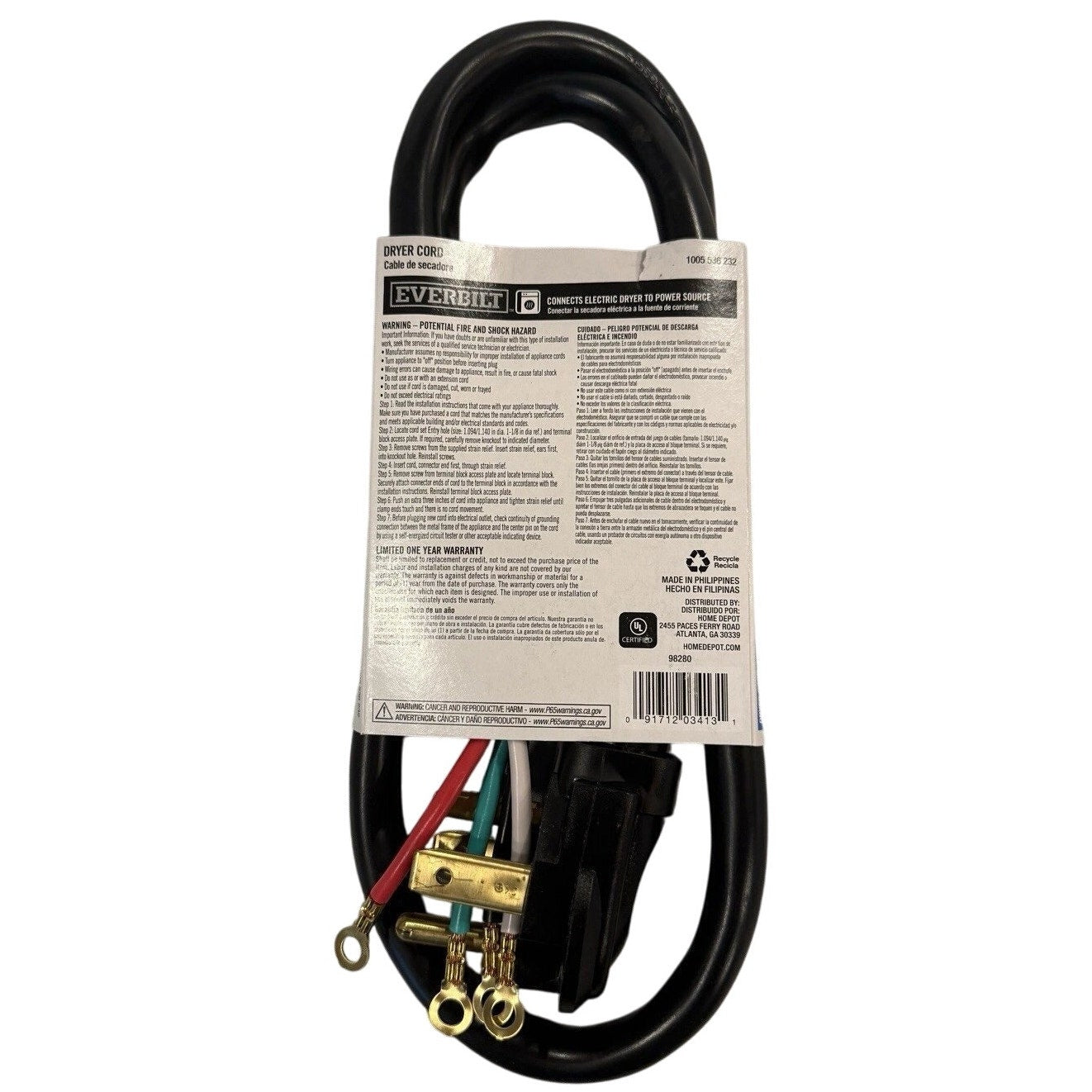 Everbilt 4 ft. 30 Amp Dryer Cord – 4-Prong – Heavy-Duty – EB09X10018