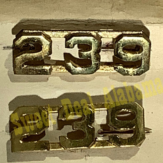 Early/Mid 1900s Brass C-Clasp "239" Collar Devices 3/8"H Hat / Lapel Pins Set
