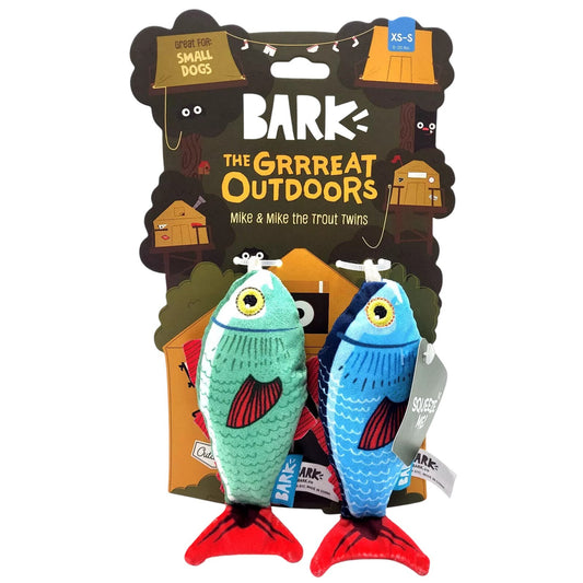 BARK Mike & Mike the Trout Twins Dog Toys XS/S – 2 Pack Plush Squeaky Fish