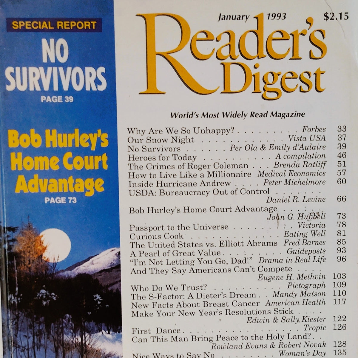 Reader's Digest January 1993 No Survivors Bob Hurley's Home Court Magazine