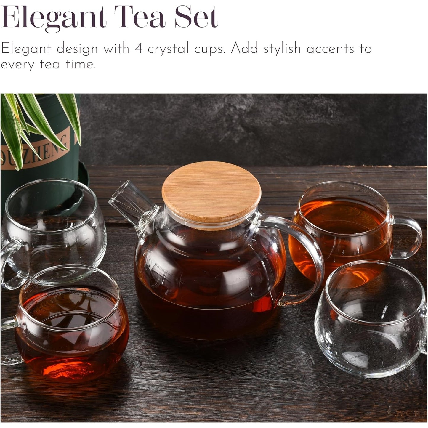 Whole Housewares Glass Teapot Set w/ Bamboo Lid + 4 Mugs | Microwave Safe