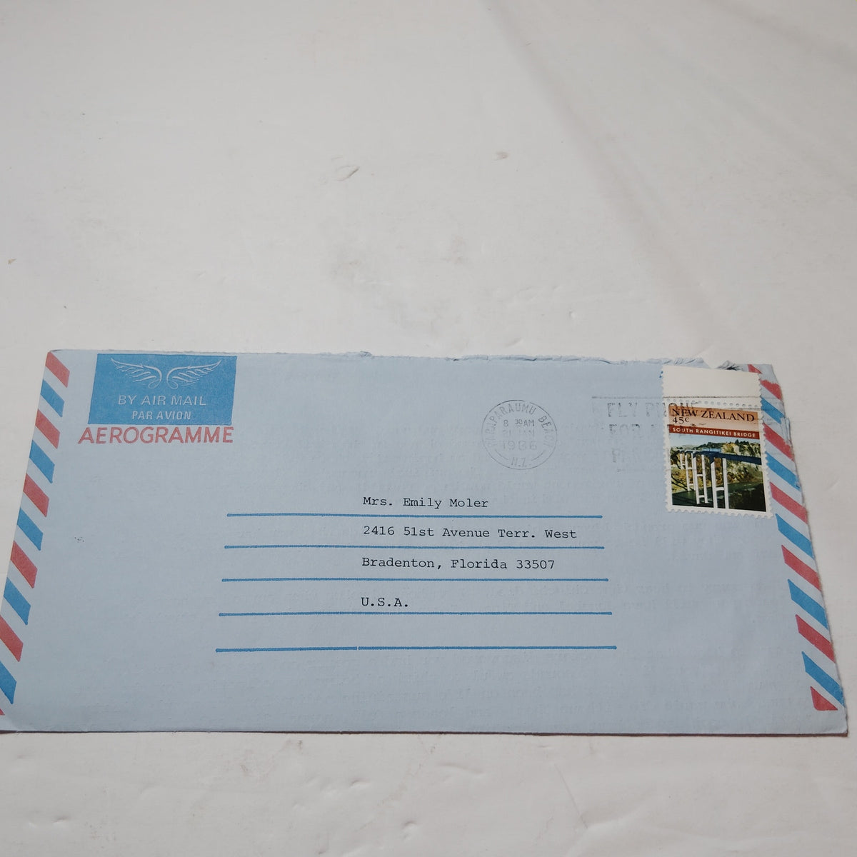 1986 New Zealand Aerogramme w/ Letter & 45c Stamp - Postmarked Paraparaumu