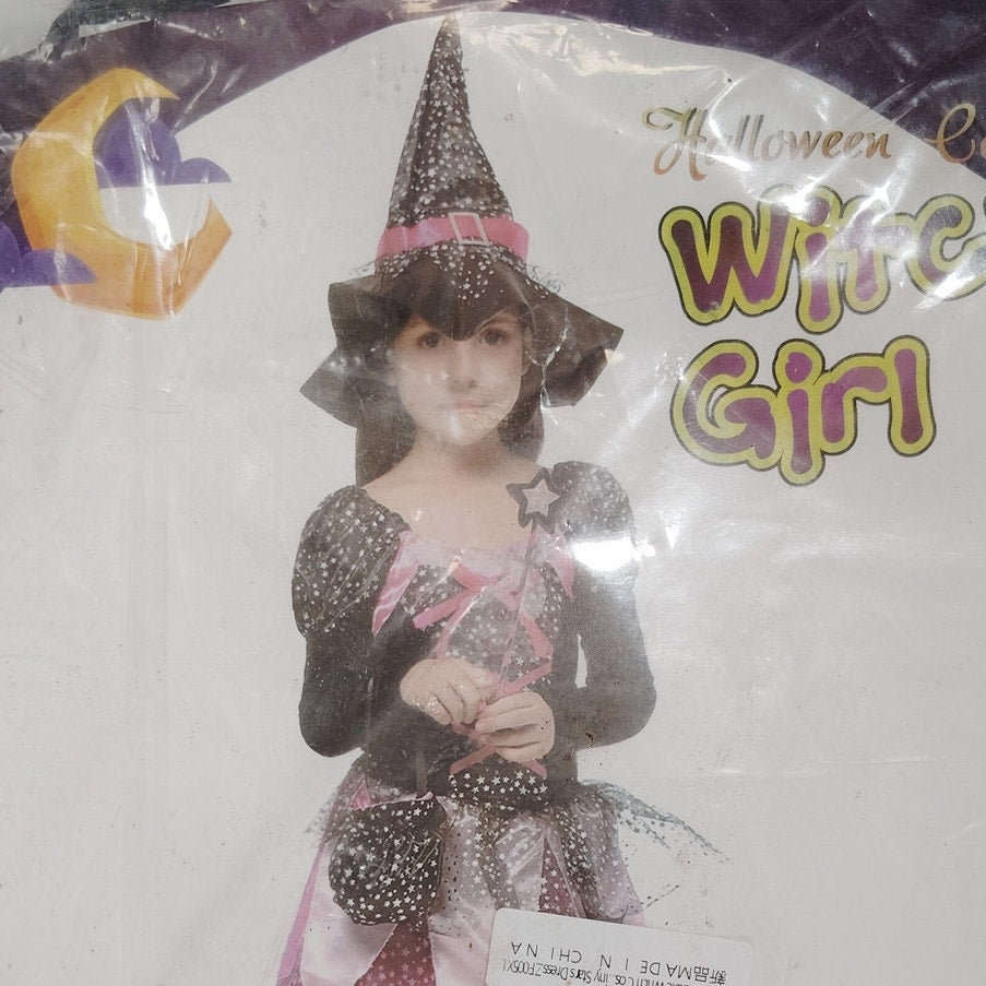 Girls Witch Costume, Cosplay Party Dress with Hat, Wand & Candy Bag, 55–59" Tall