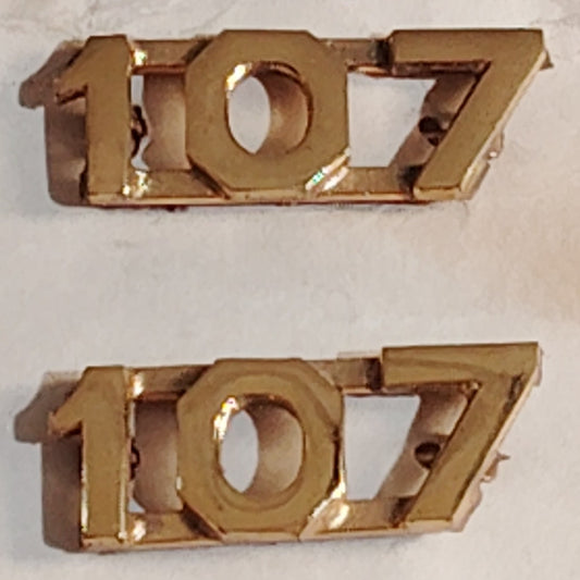 Early/Mid 1900s Brass C-Clasp "107" Collar Devices 3/8"H Hat / Lapel Pins Set