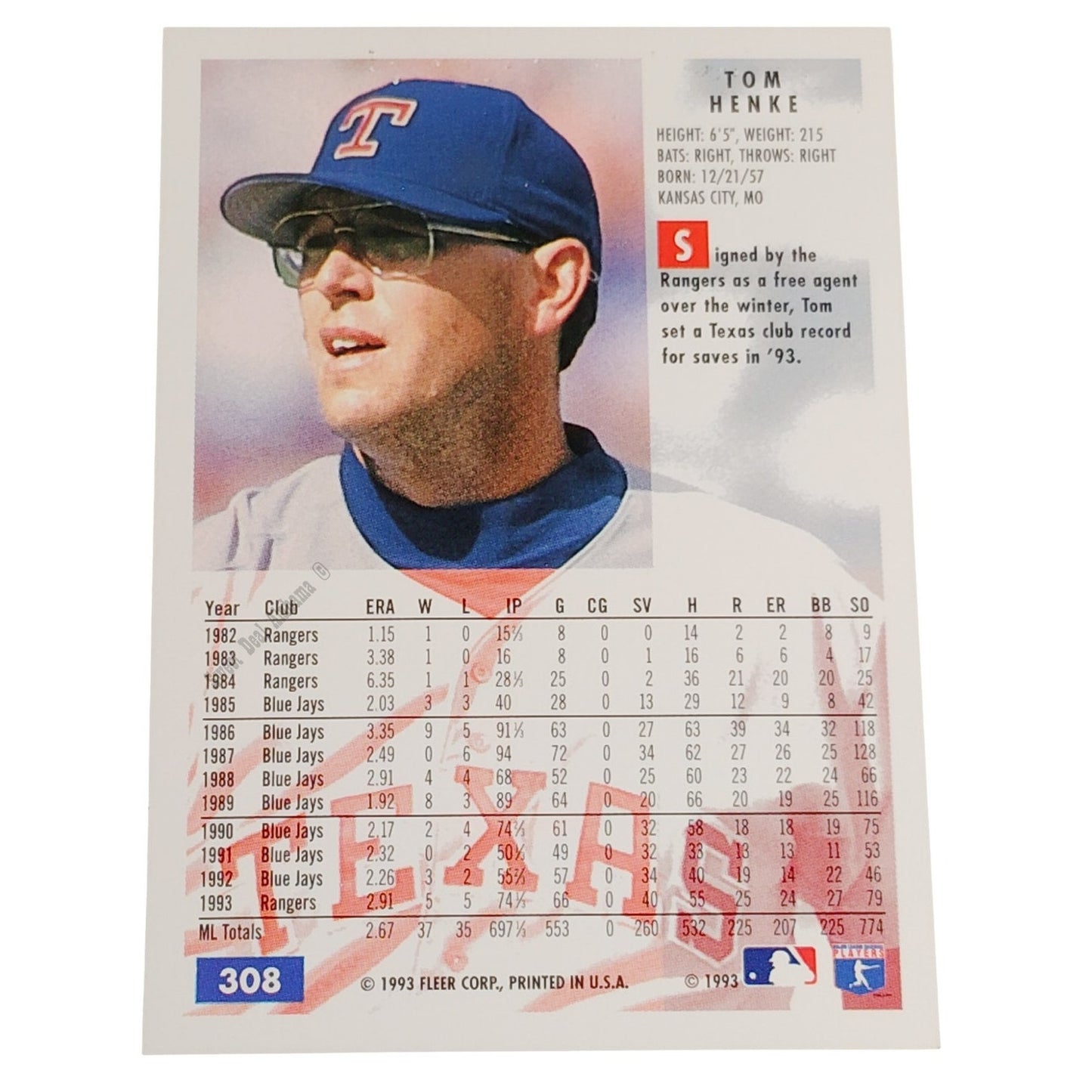 Tom Henke, Texas Rangers, #308, 1994 Fleer Baseball Collector's Card