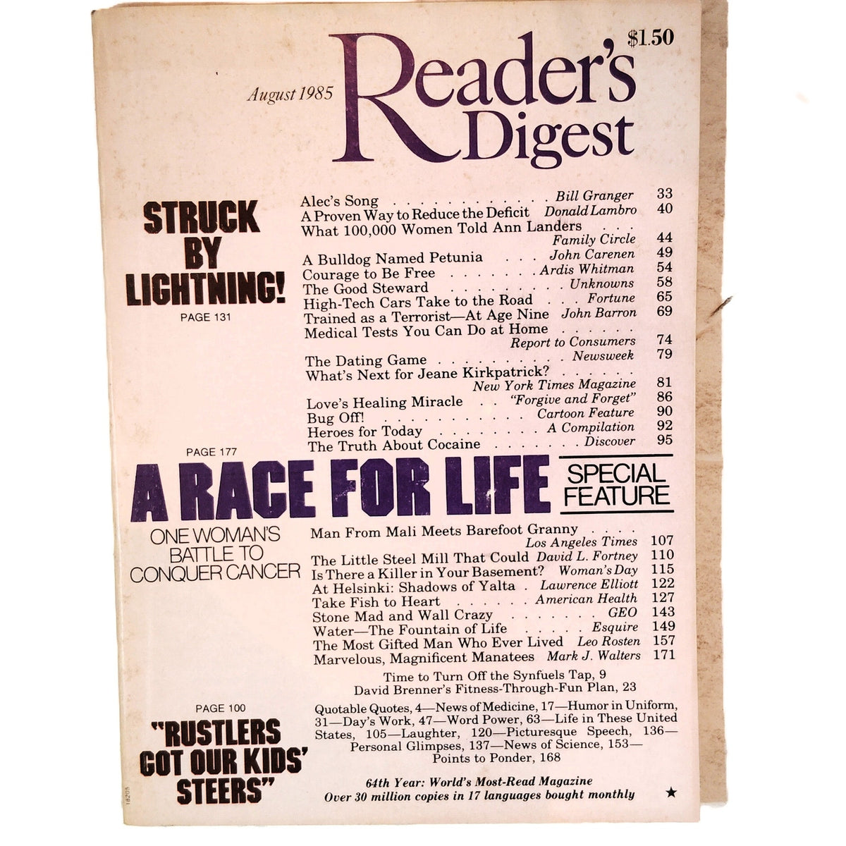 Reader's Digest August 1985 Vintage Magazine - 64th Year Back Issue