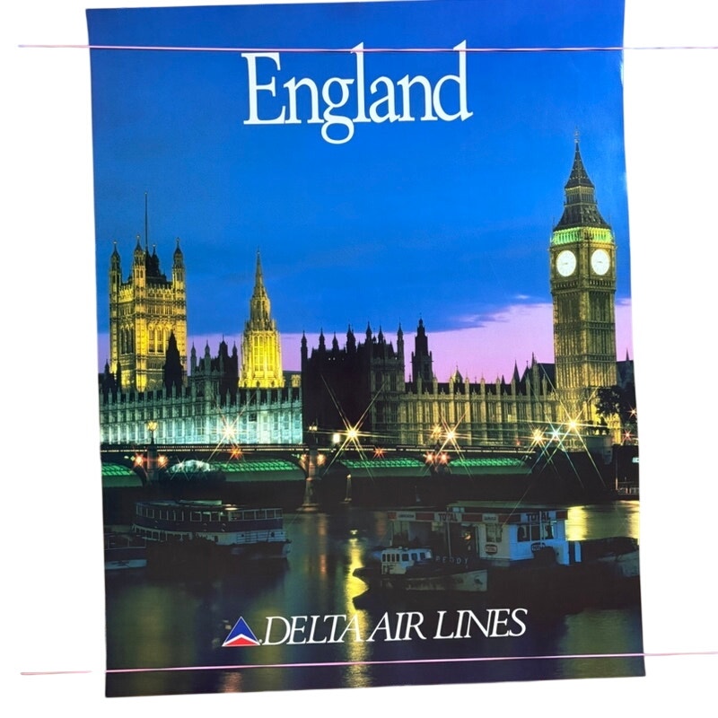 Vintage Delta Air Lines London England Travel Poster Big Ben Parliament 28"x22"