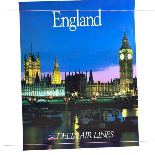 Vintage Delta Air Lines London England Travel Poster Big Ben Parliament 28"x22"