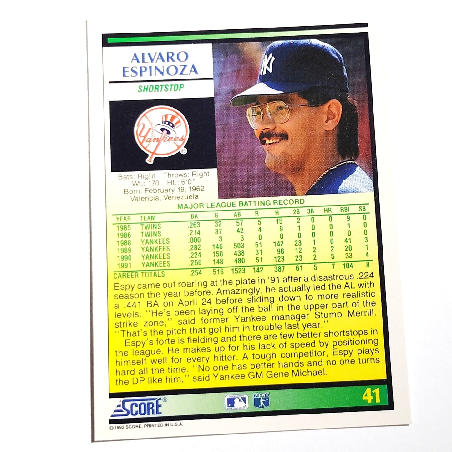 1992 Score Alvaro Espinoza #41 New York Yankees Shortstop MLB Baseball NM