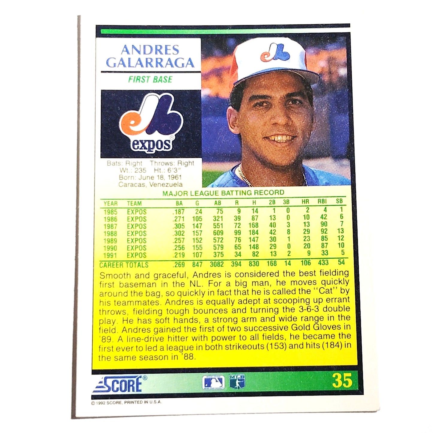 1992 Score Andrés Galarraga #35 Montreal Expos First Baseman MLB Baseball NM