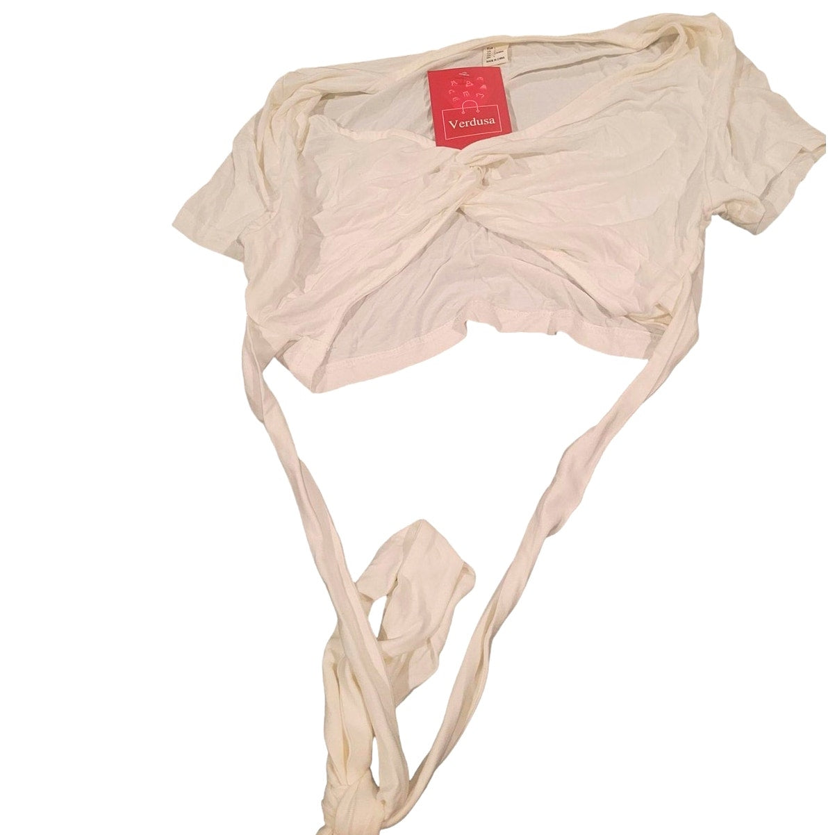 Verdusa Casual Short Sleeve V Neck Criss Cross Twist Tie Front Crop Tee Top, LRG
