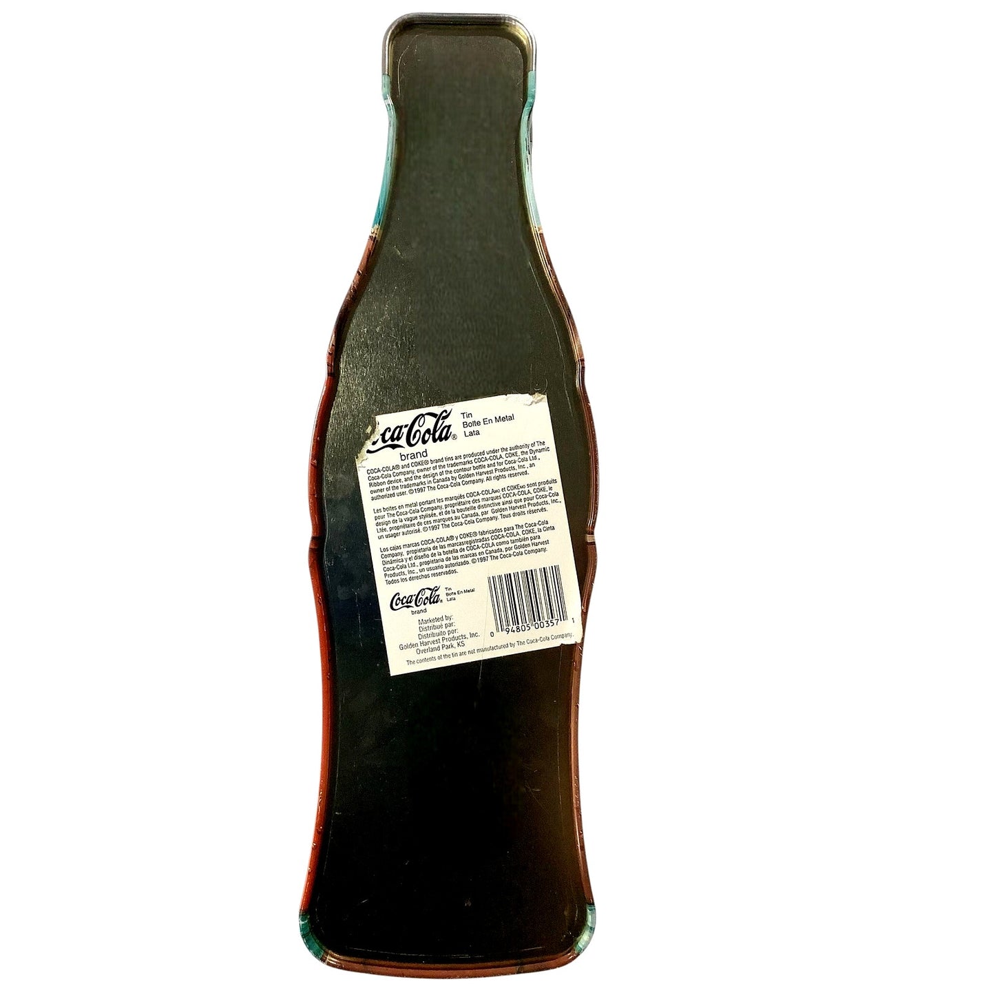 1997 Coca-Cola Bottle Shaped Tin, 13"H x 4"W x 3-1/4"D, No Dents, Few Scratches