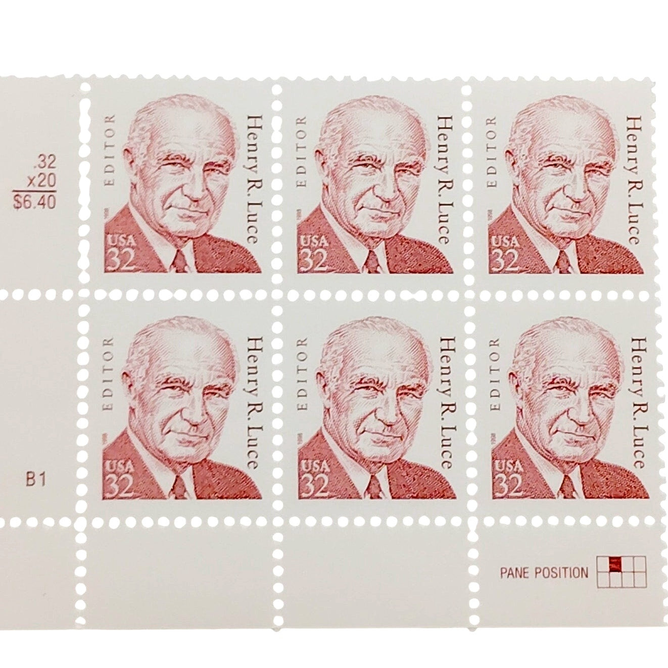 Block of 6 – 1998 USA 32¢ Henry R. Luce MNH Great Americans Series, Scott 2935
