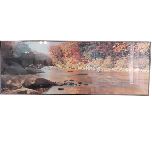 Vintage 1970s Panoramic Autumn River Framed Print 38x13.5 Gold Metal Frame