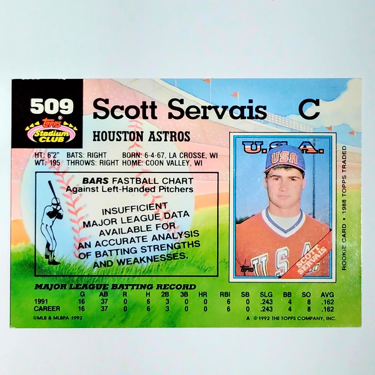 1992 Stadium Club #509 Scott Servais Rookie Card Houston Astros Catcher - VG/EX