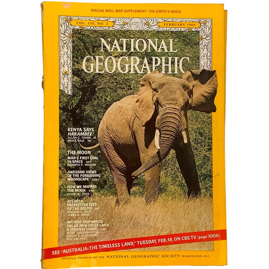 National Geographic February 1969 Mapping the Moon, Ancient Shipwreck, Atlanta GA., Kenya, Moonscape, The Orbed Maiden.. The Moon and More