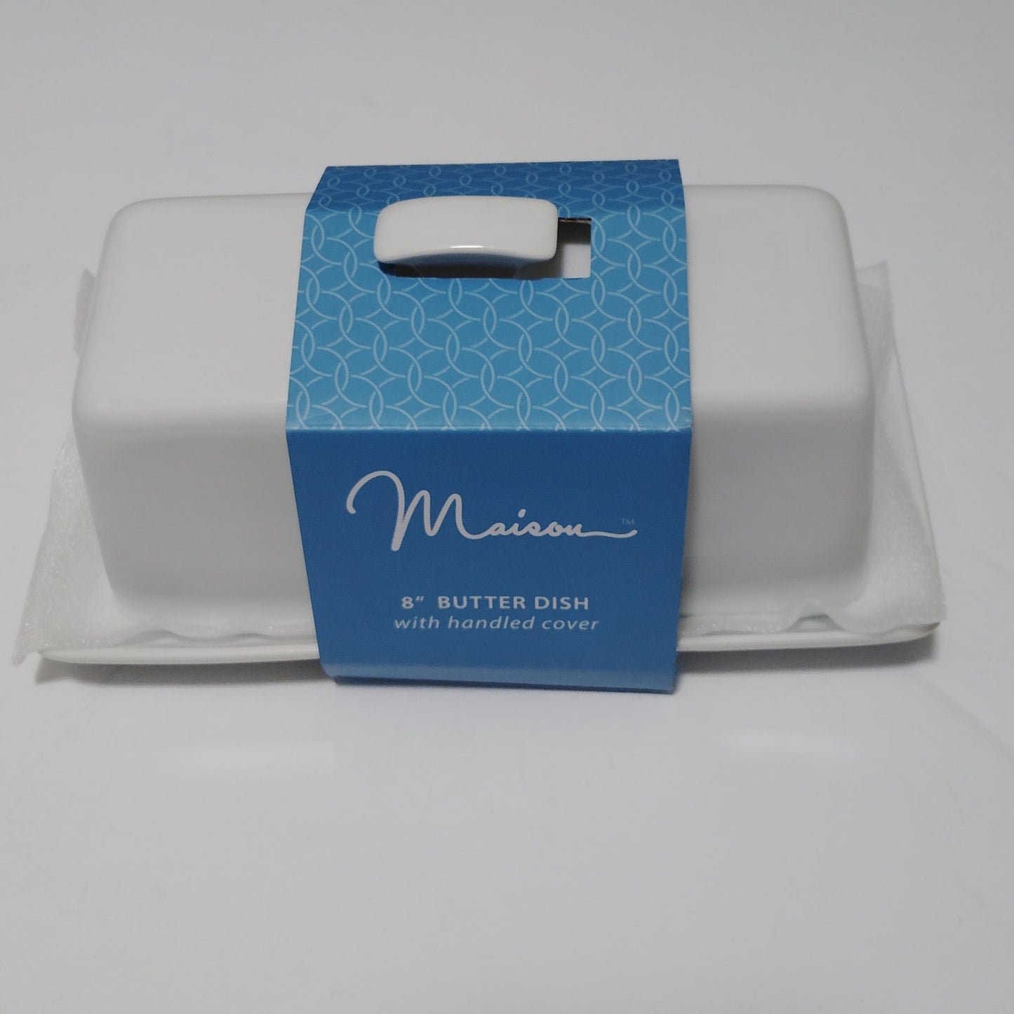 Essentials 8" Maison Covered Butter Dish Rectangular Finial Handle White Ceramic