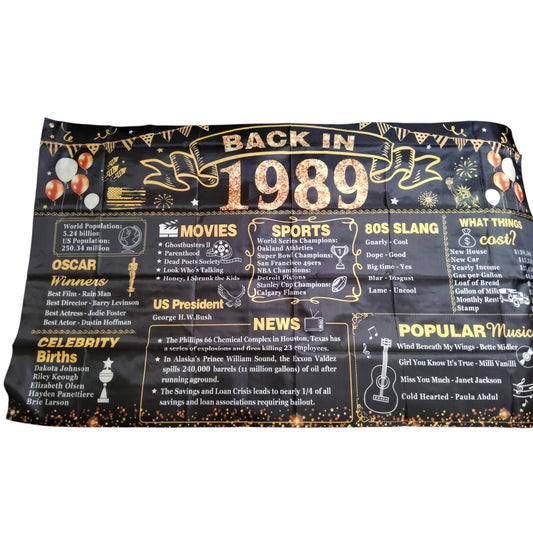 Back in 1989 Banner – 6x3.6 ft Vintage Birthday/Reunion Party Trivia Poster, Photography Backdrop