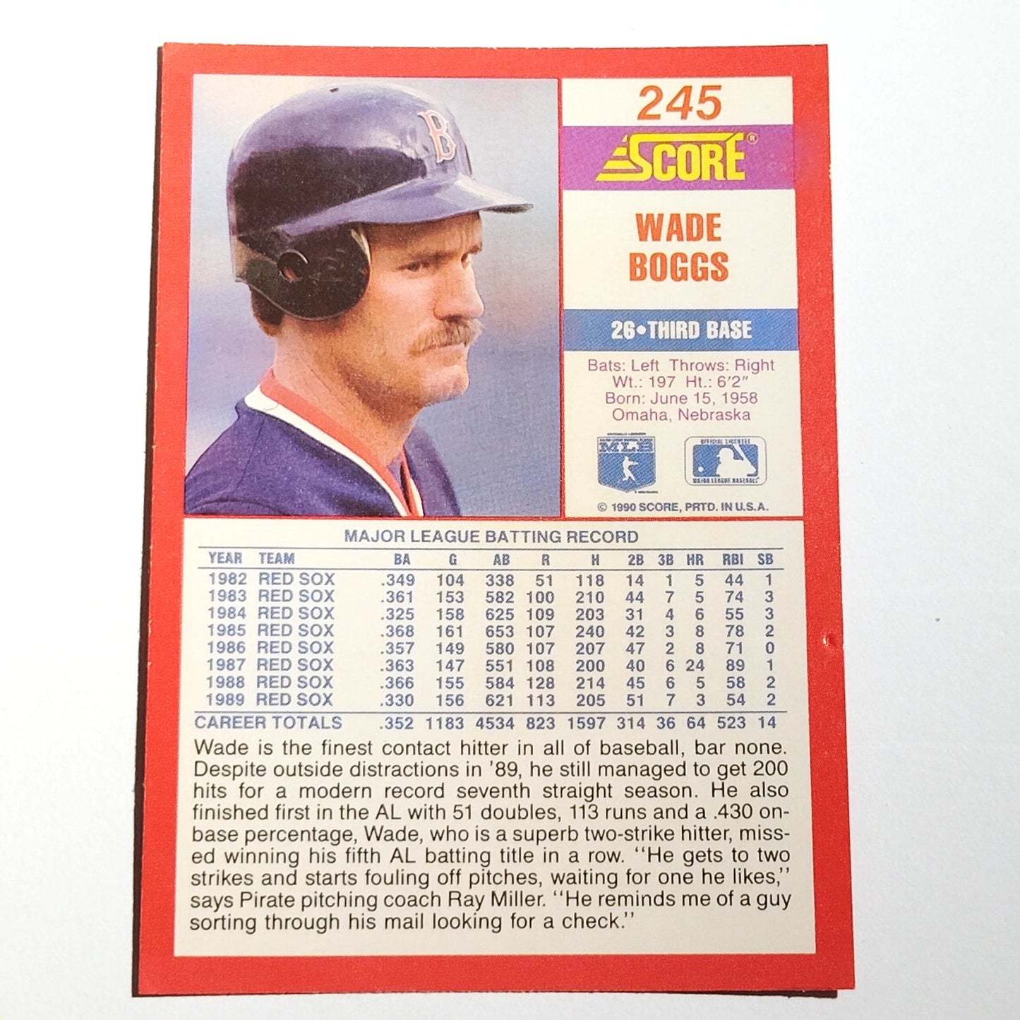 1990 Score Wade Boggs #245 Boston Red Sox Third Baseman Hall of Famer EX
