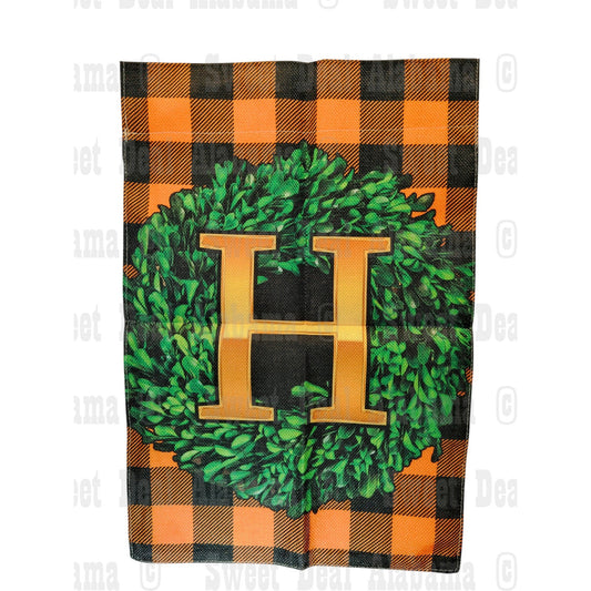Fall Boxwood Wreath Monogram Letter H Garden Flag 12x18 Inch Double Sided