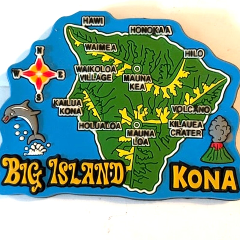 Big Island Kona Hawaii 3D PVC Map Magnet Dolphin Volcano Compass 3.125x2.375