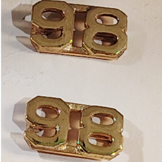 Early/Mid 1900s Brass C-Clasp "98" Collar Devices 3/8"H Hat / Lapel Pins Set