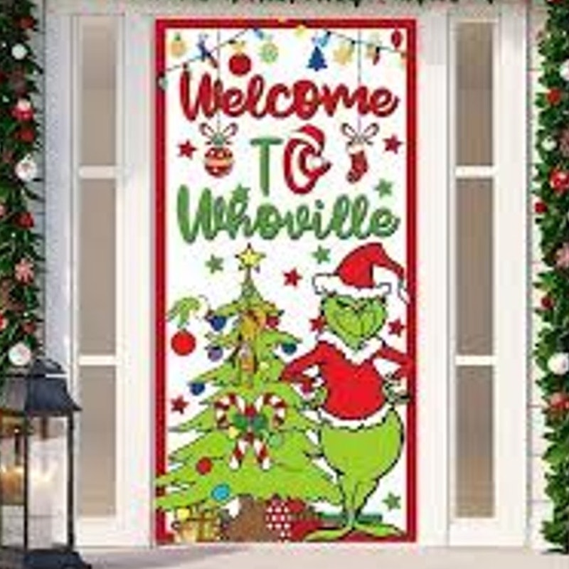 Welcome to Whoville Door Cover 71x35 in Grinch Decor w/ Grommets