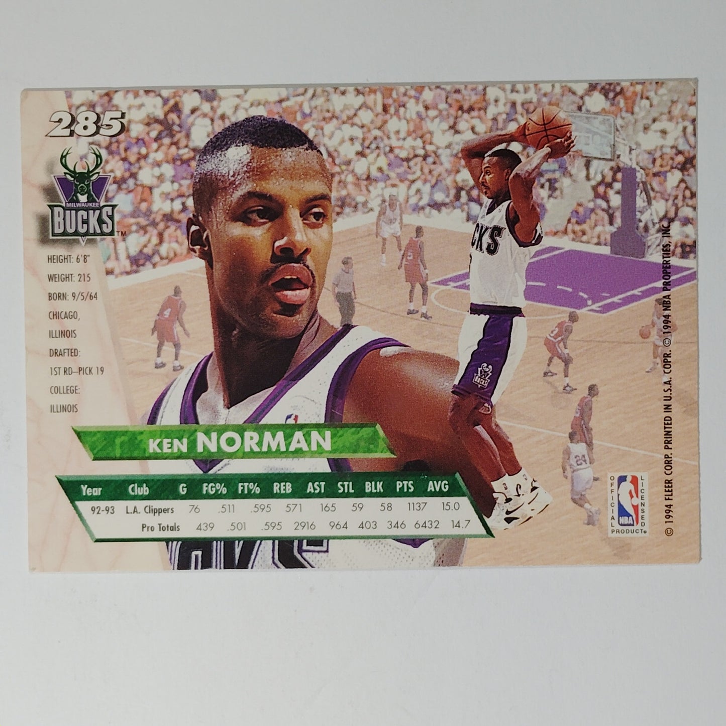 1993-94 Ultra Ken Norman #285 Milwaukee Bucks Forward NBA Card