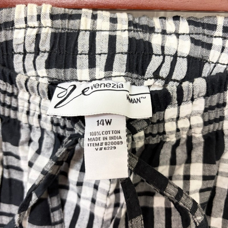 Venezia Woman Black & White Plaid Cotton Pull-On Pants 14W - Lightweight