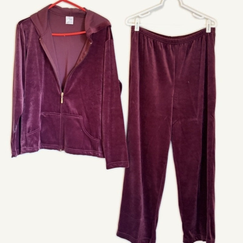 Avon Intimates Womens Maroon Velvet Hooded Zip Jacket & Pants Lounge Set L