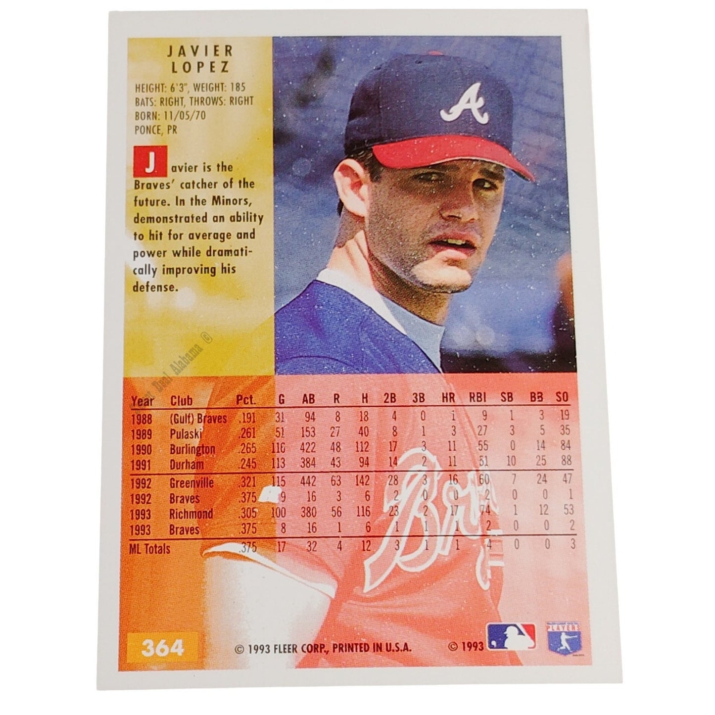 Javier Lopez, Atlanta Braves, #364, 1994 Fleer Baseball Collector's Card